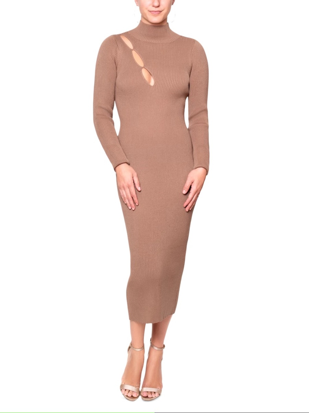 RACHEL Rachel Roy Brown Ribbed Long-Sleeve Cutout Midi Dress